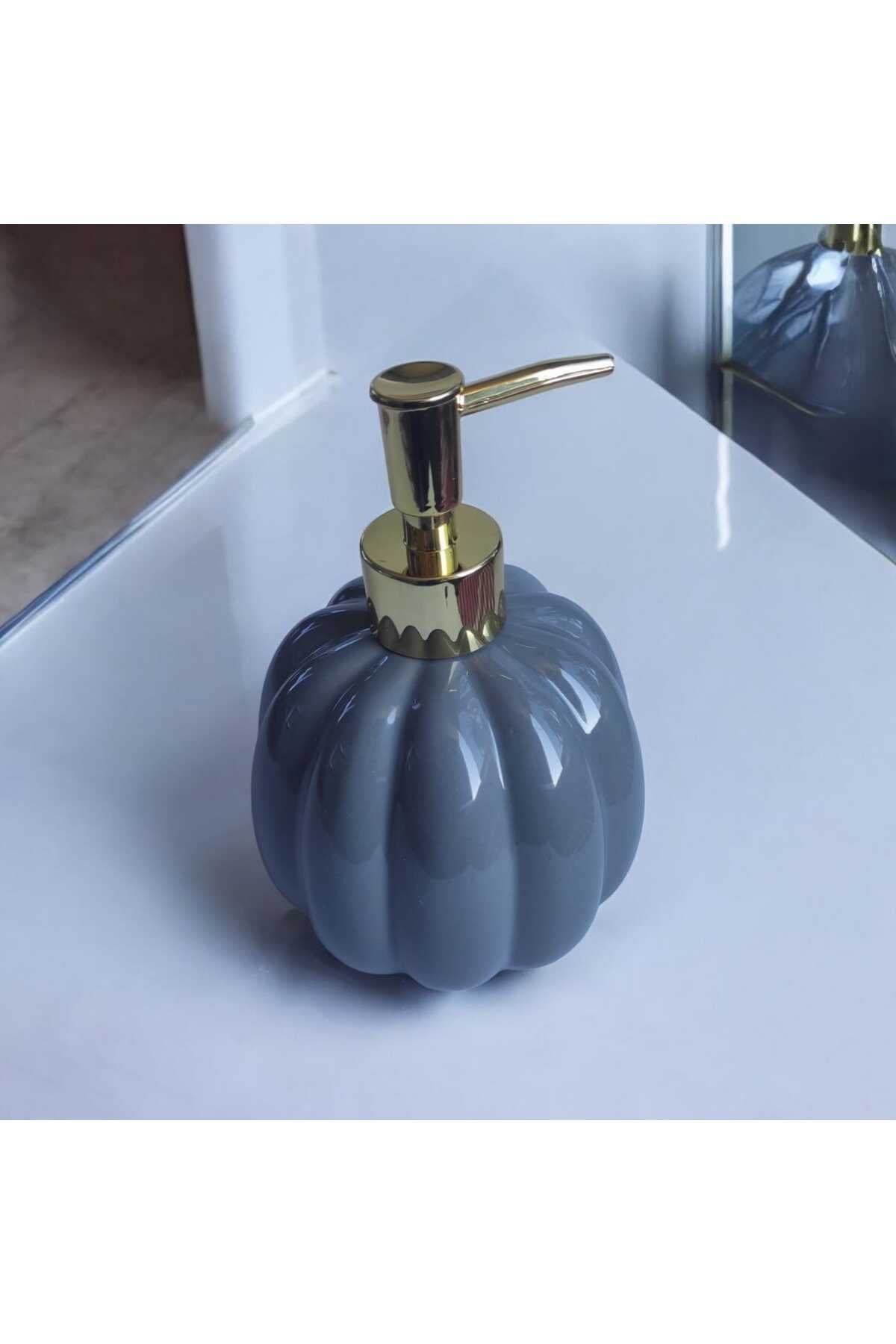 Mucha Pumpkin Gri Porselen Sıvı Sabunluk Balkabağı Gold Pompa Sabunluk