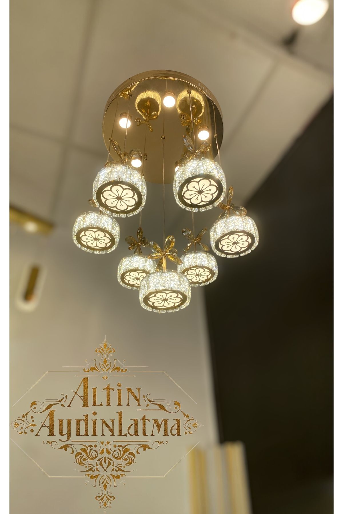 Home Plaket Kristal Taş Işlemli 304 Gold Modern Ledli Üç Renk(Beyaz Sar Ve Gün Işığı)Kelbek Taşlı Avize