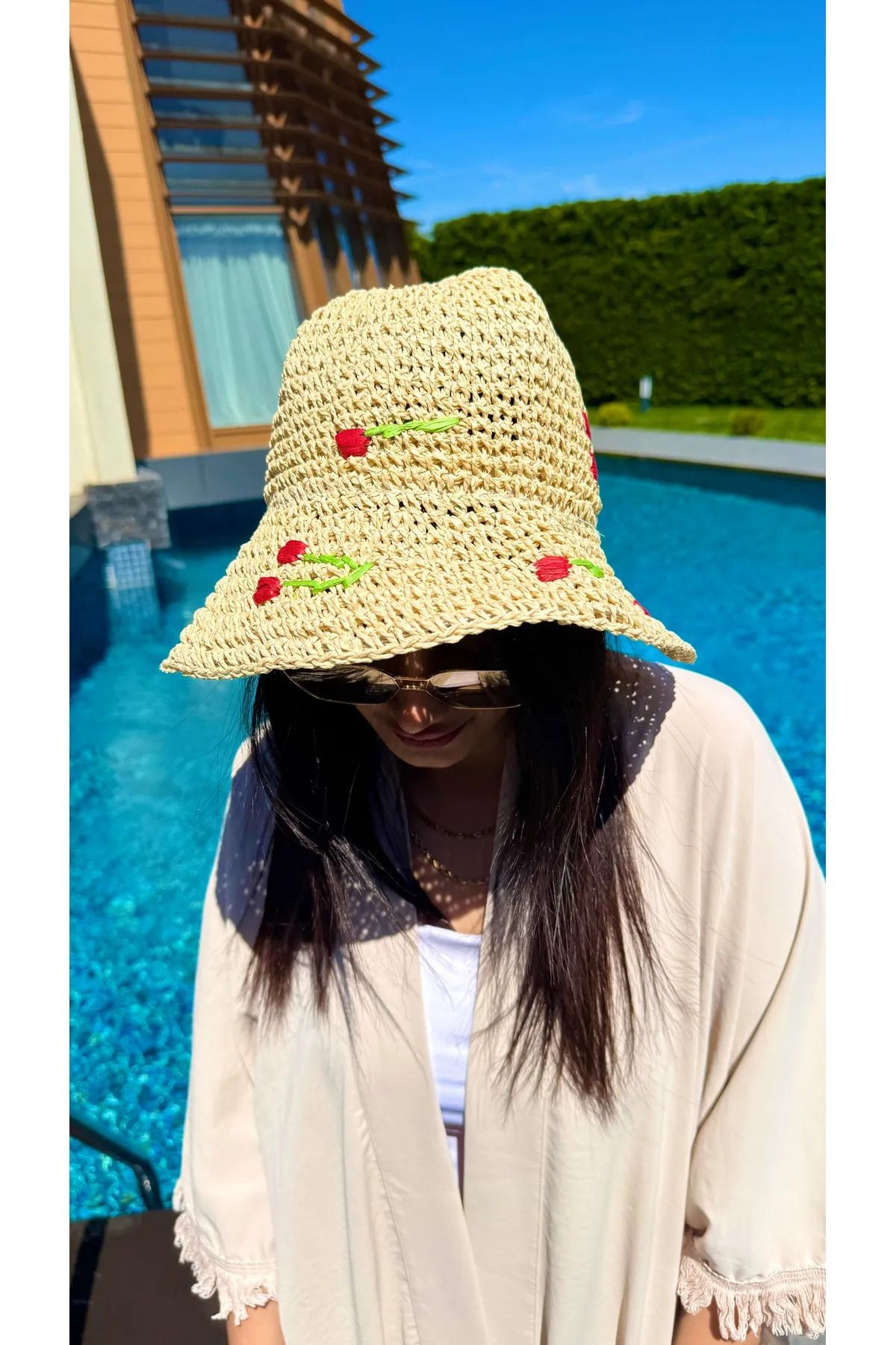 MARBERRY Bej Kiraz Nakışlı Bucket Kadın Hasır Şapka