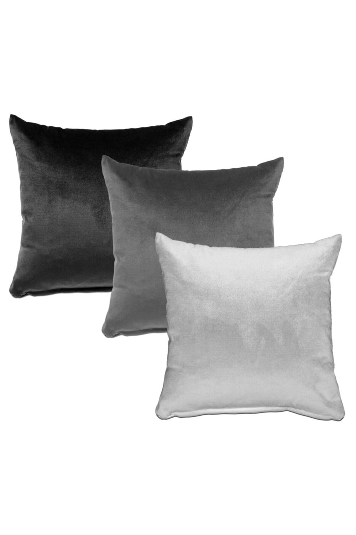 AYZEN HOME Düz Renk 3 Lü Kadife Kırlent Kılıfı Seti gri tonları 45*45 ölcüsünde