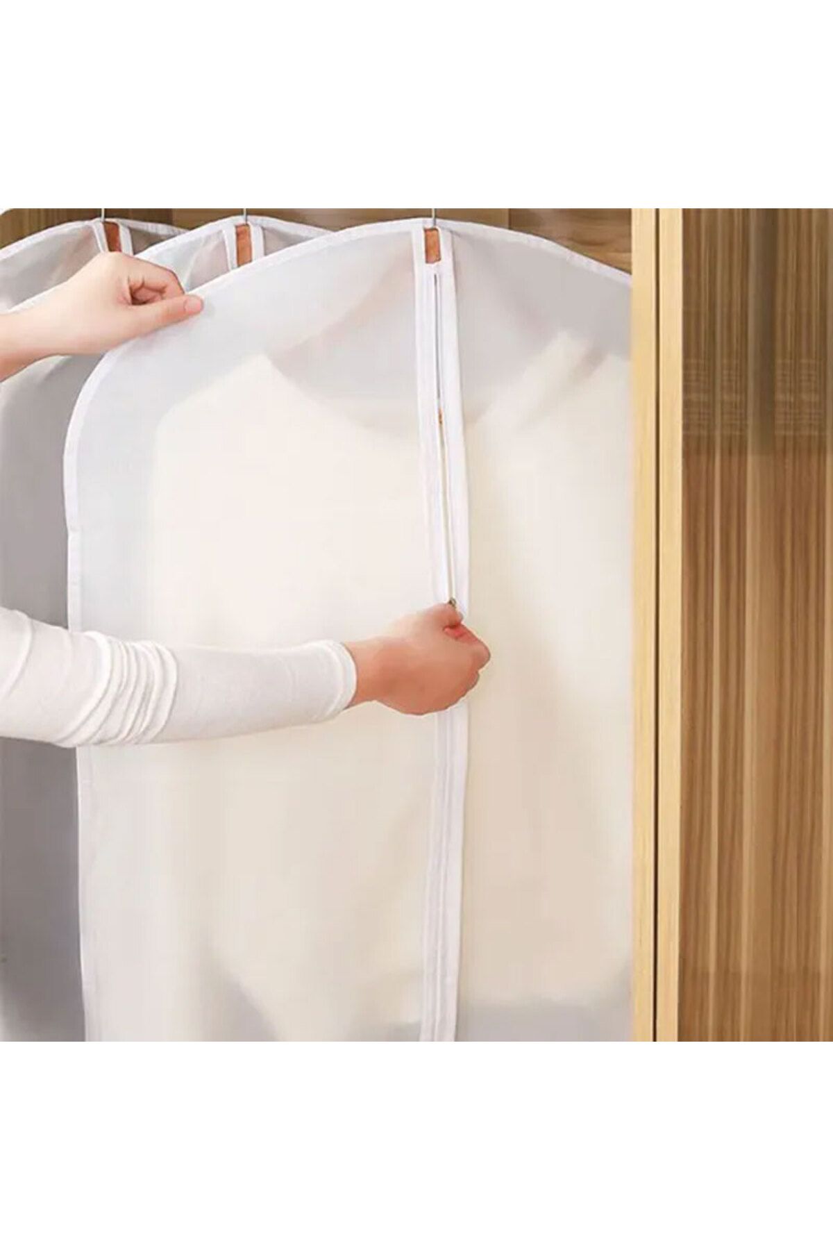 Muchmy-4 Pieces White Clothes Coat Dust Proof Covers Multi Size Zipper Laundry Storage Hanging Cover Set 5