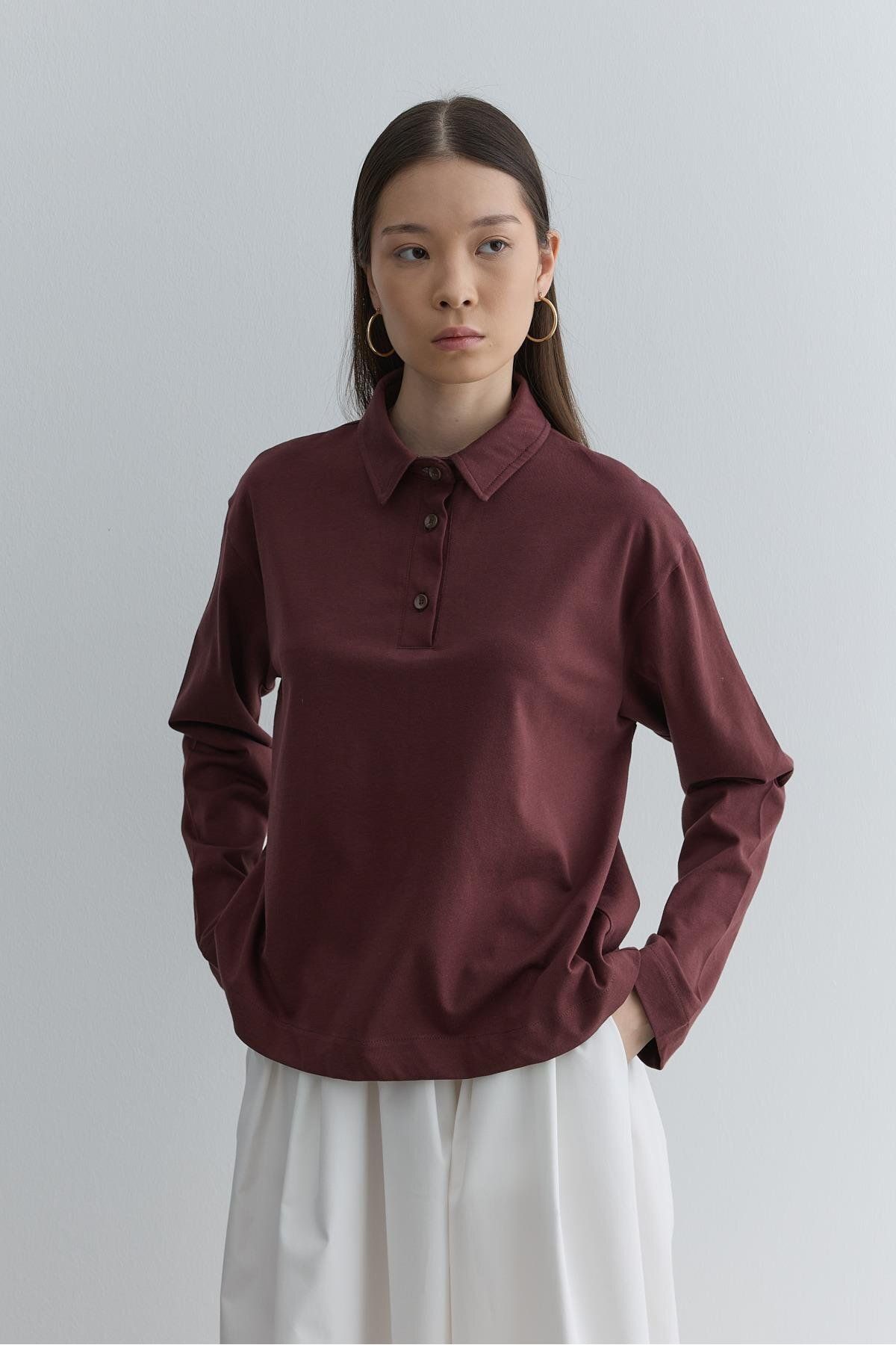 Fahhar Polo Yaka Kısa Sweatshirt Bordo
