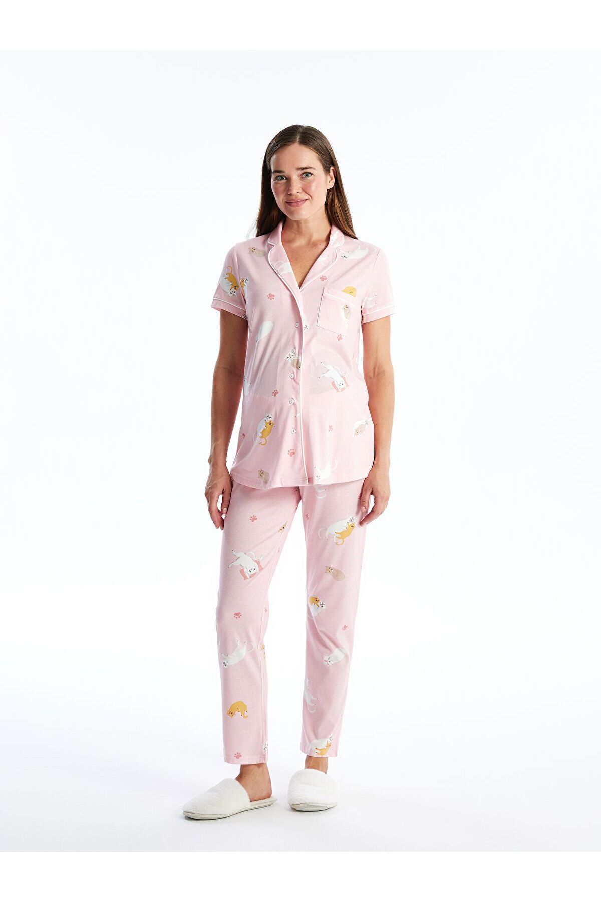 LC Waikiki Gömlek Yaka Desenli Kısa Kollu Hamile Pijama Takım