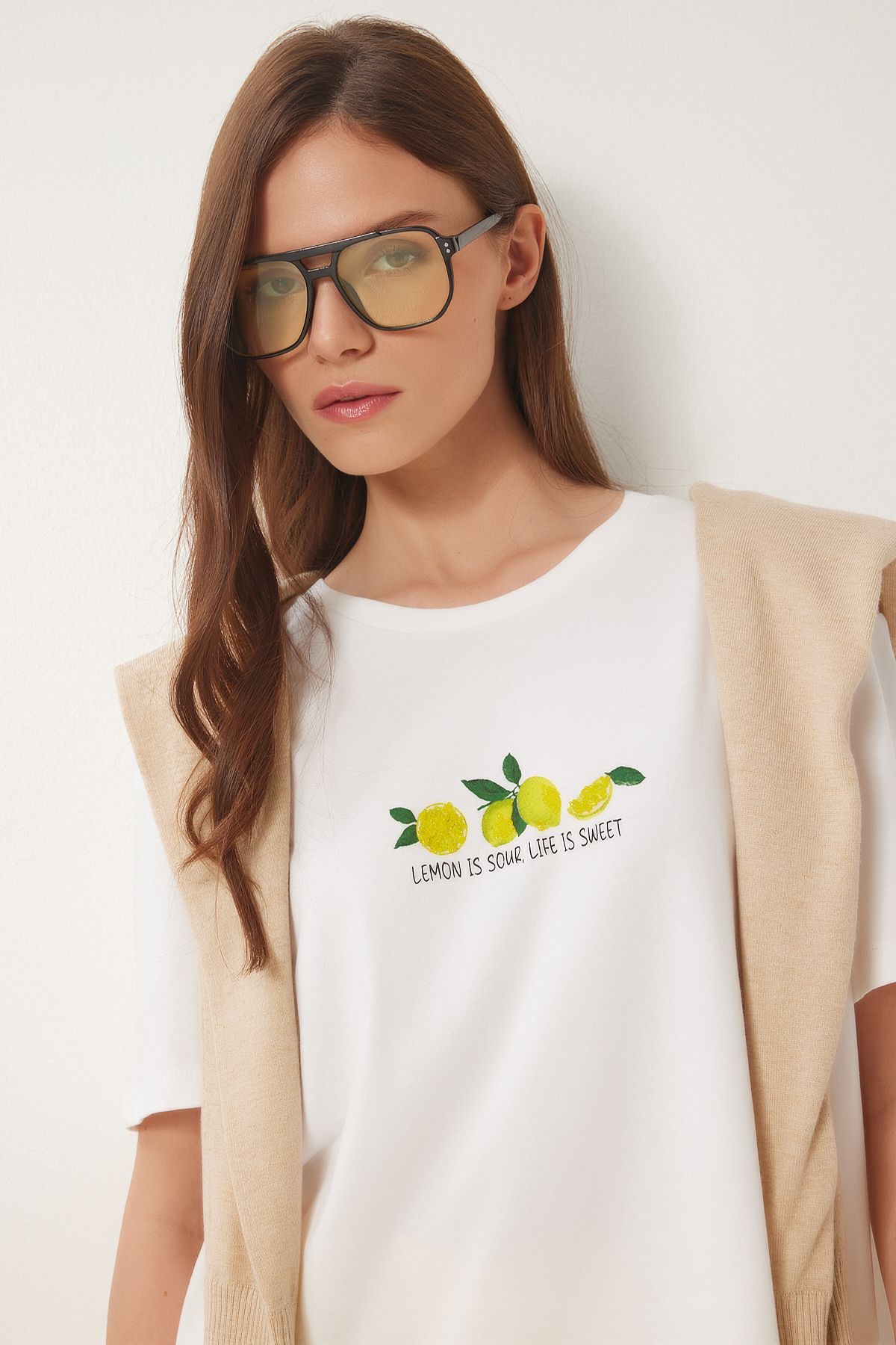 Lovelyİstanbul Limon Baskılı Pamuklu Örme T-shirt EKRU LNS0050