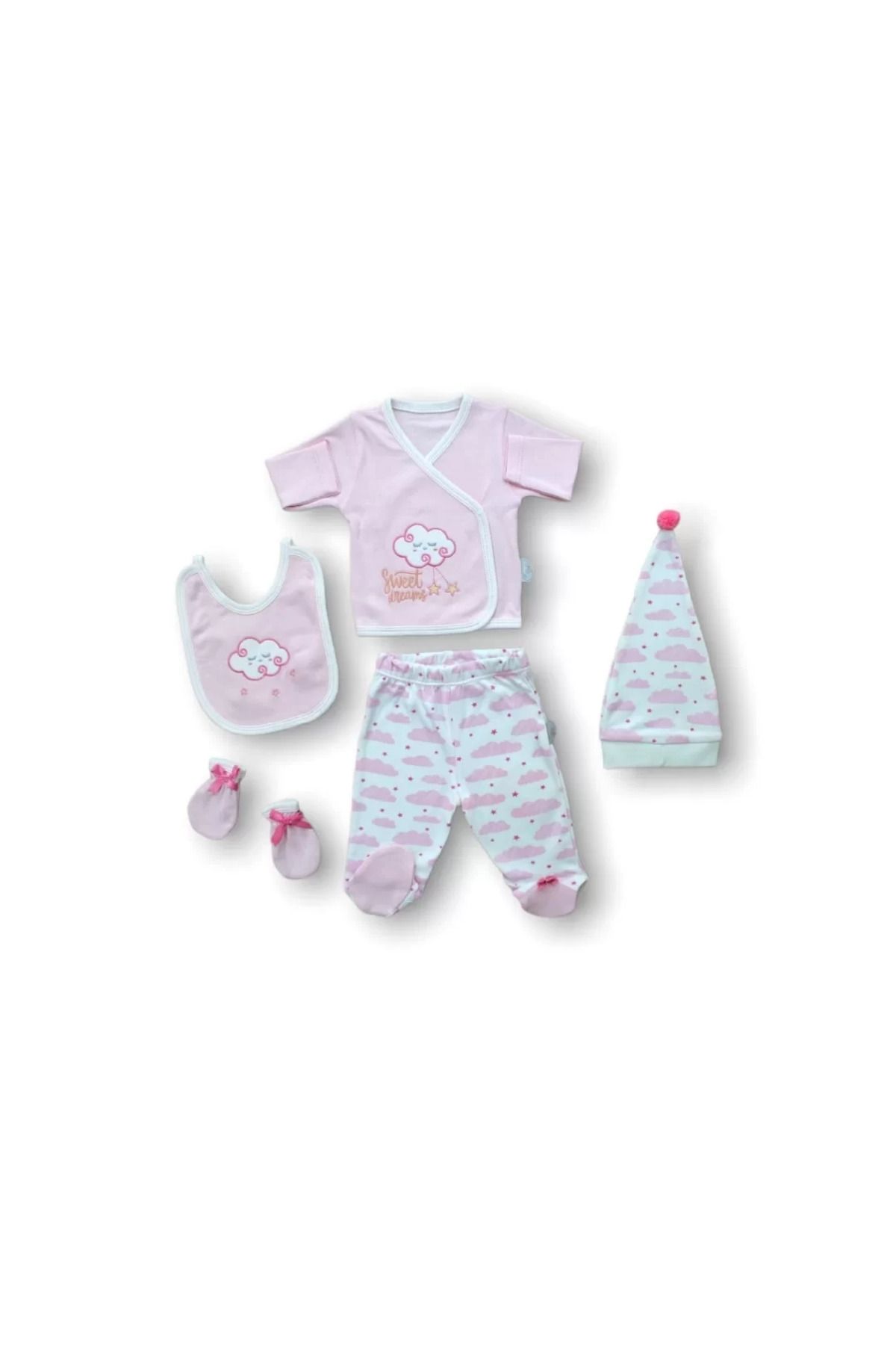 onlinebutik Uykucu Bulut Nakışlı %100 Cotton Antibakteriyel 5li Zıbın Takımı Hastane Çıkışı Pembe