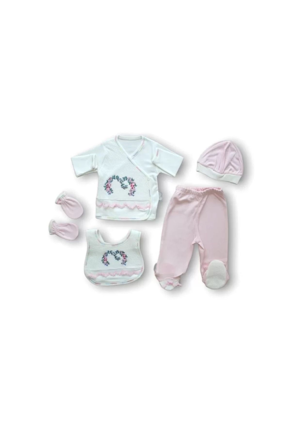 onlinebutik Anadolunun Kalbi Nakışlı %100 Cotton Antibakteriyel 5li Zıbın Takımı Hastane Çıkışı Pembe
