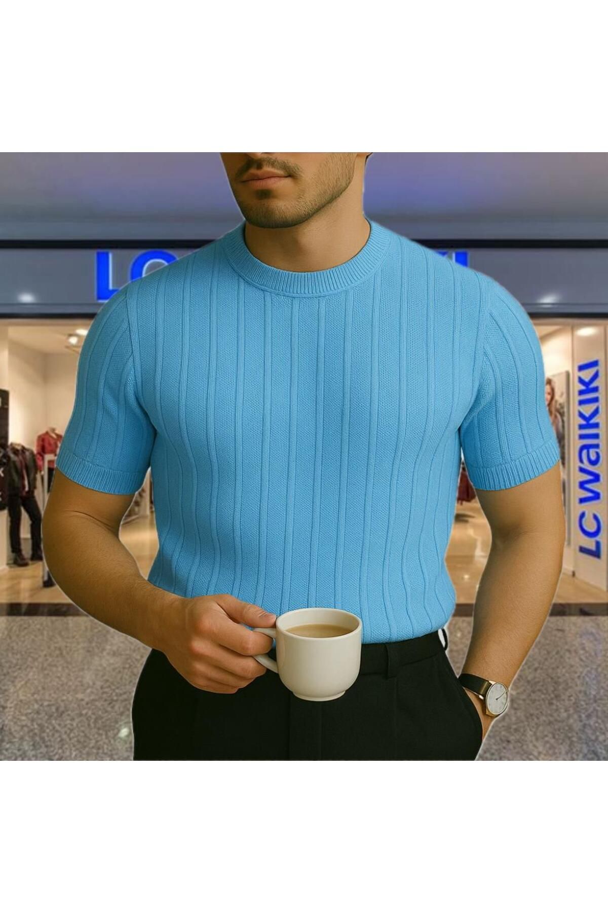 LC Waikiki Yeni Moda Bisiklet Yaka Çizgili Nefes Alabilen Kısa Kollu Erkek Tişört