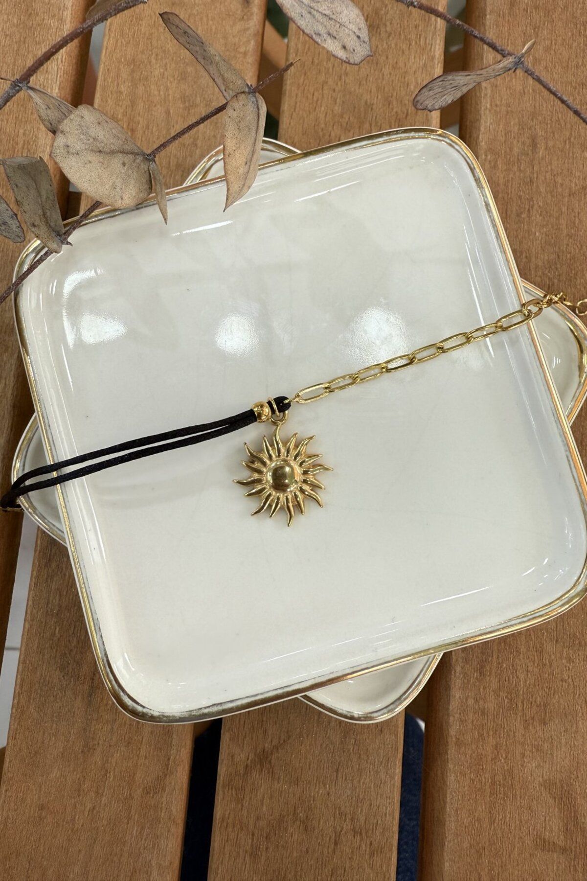 My Joyas Design Çelik Siyah İp Güneş Detaylı Bileklik 17+5cm