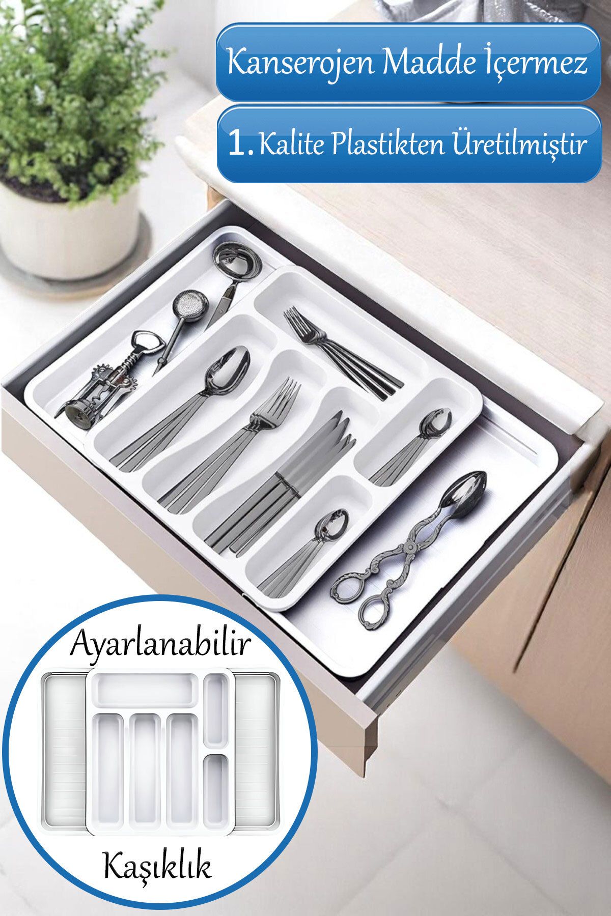GLASWEN Beyaz Ayarlanabilir Çift Taraflı Çekmece Içi Uzayabilen Kaşıklık Çatal Bıçaklık Düzenleyici Kepçeli