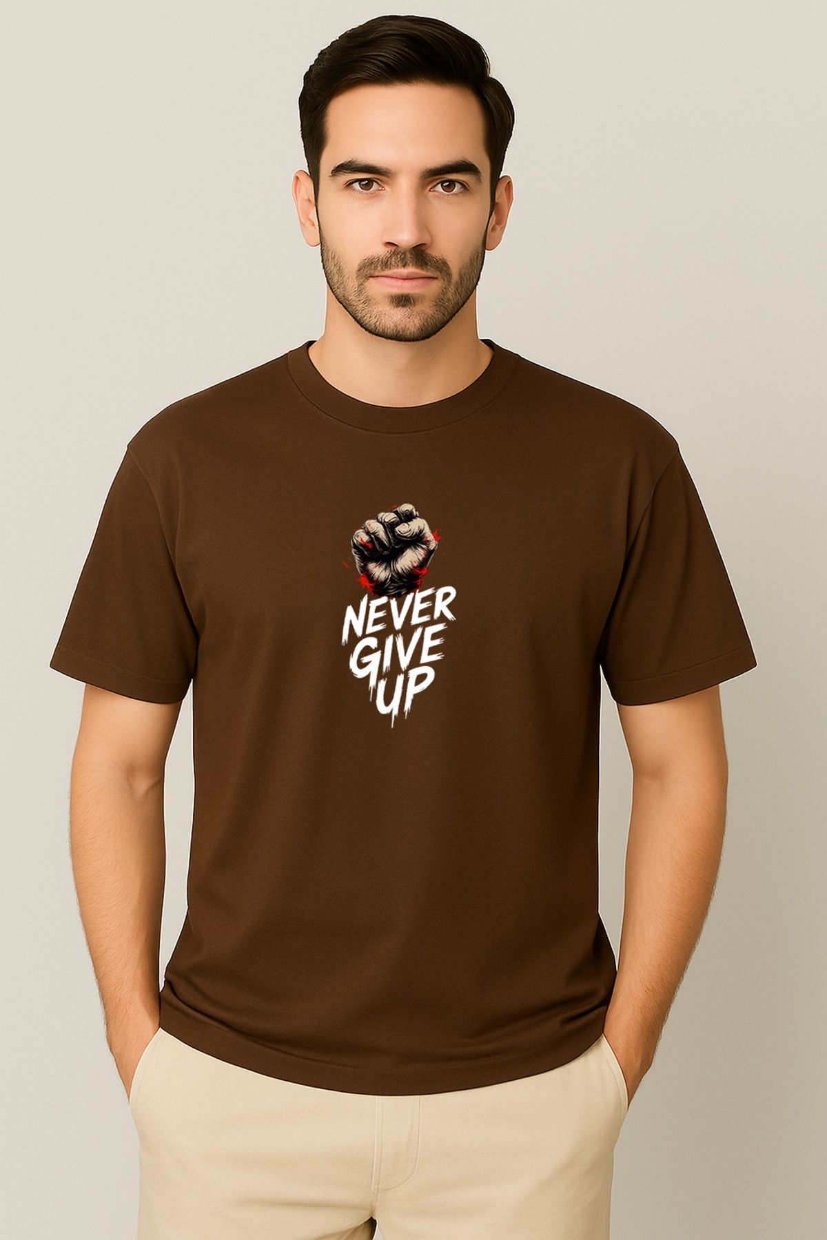 PARSHEY Erkek - Kadın Never Give Up Baskılı Unisex Yarım Kollu Bisiklet Yaka %100 Pamuk Oversize T-shirt