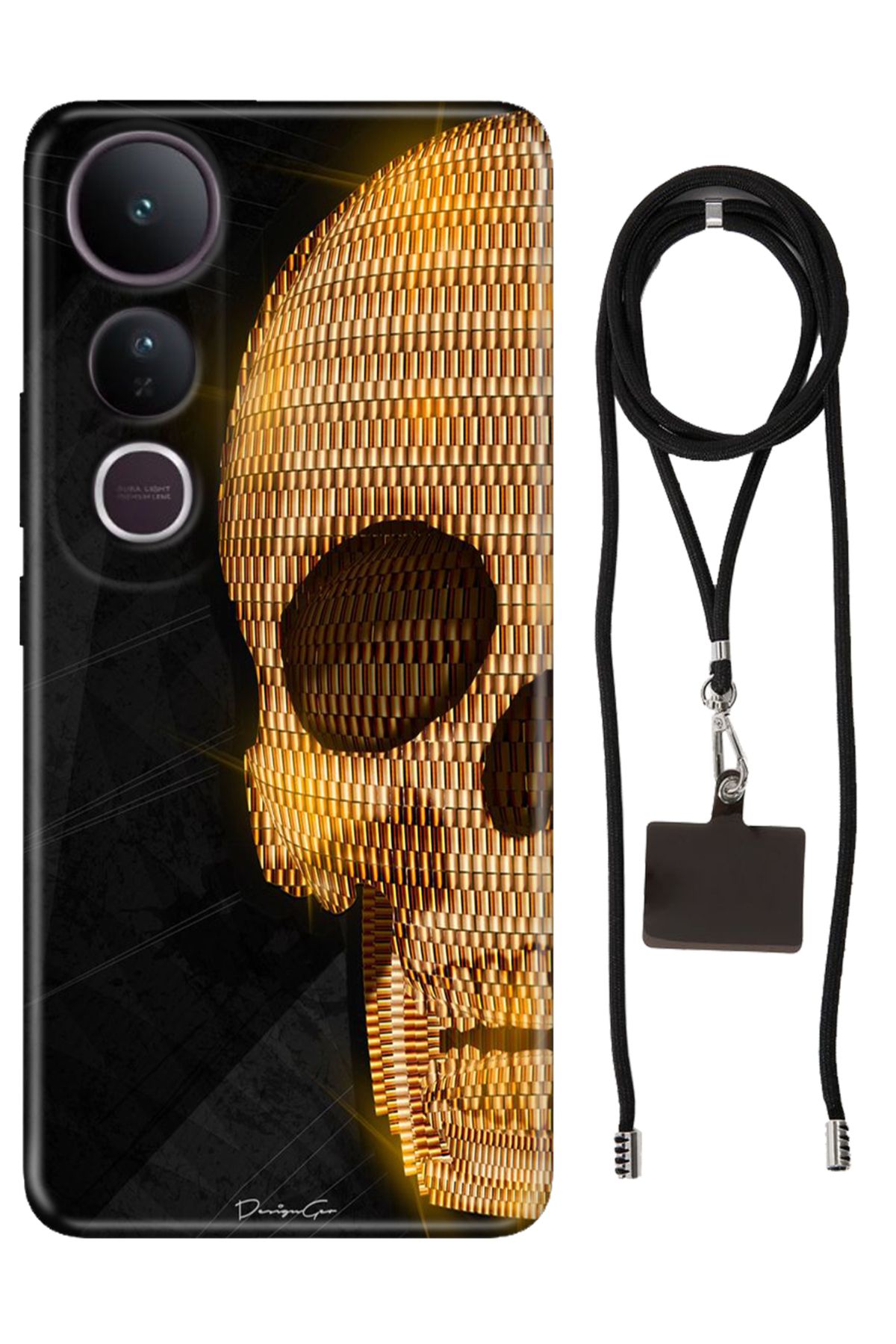 Cekuonline Vivo V50 Lite 5G Uyumlu Kılıf Silikon Skull Art İpli Boyun Askısı