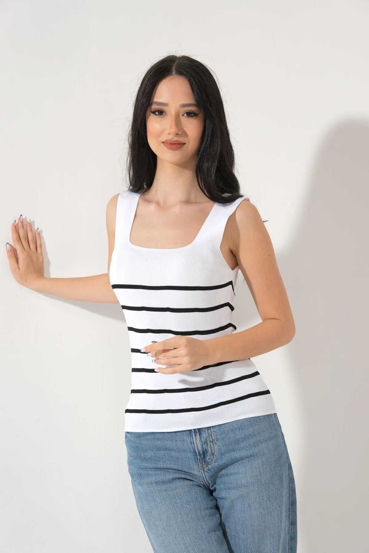 ASEZ BUTİK Asez Butik Kadın Kare Yaka Çizgili Yazlık Triko Bluz Atlet
