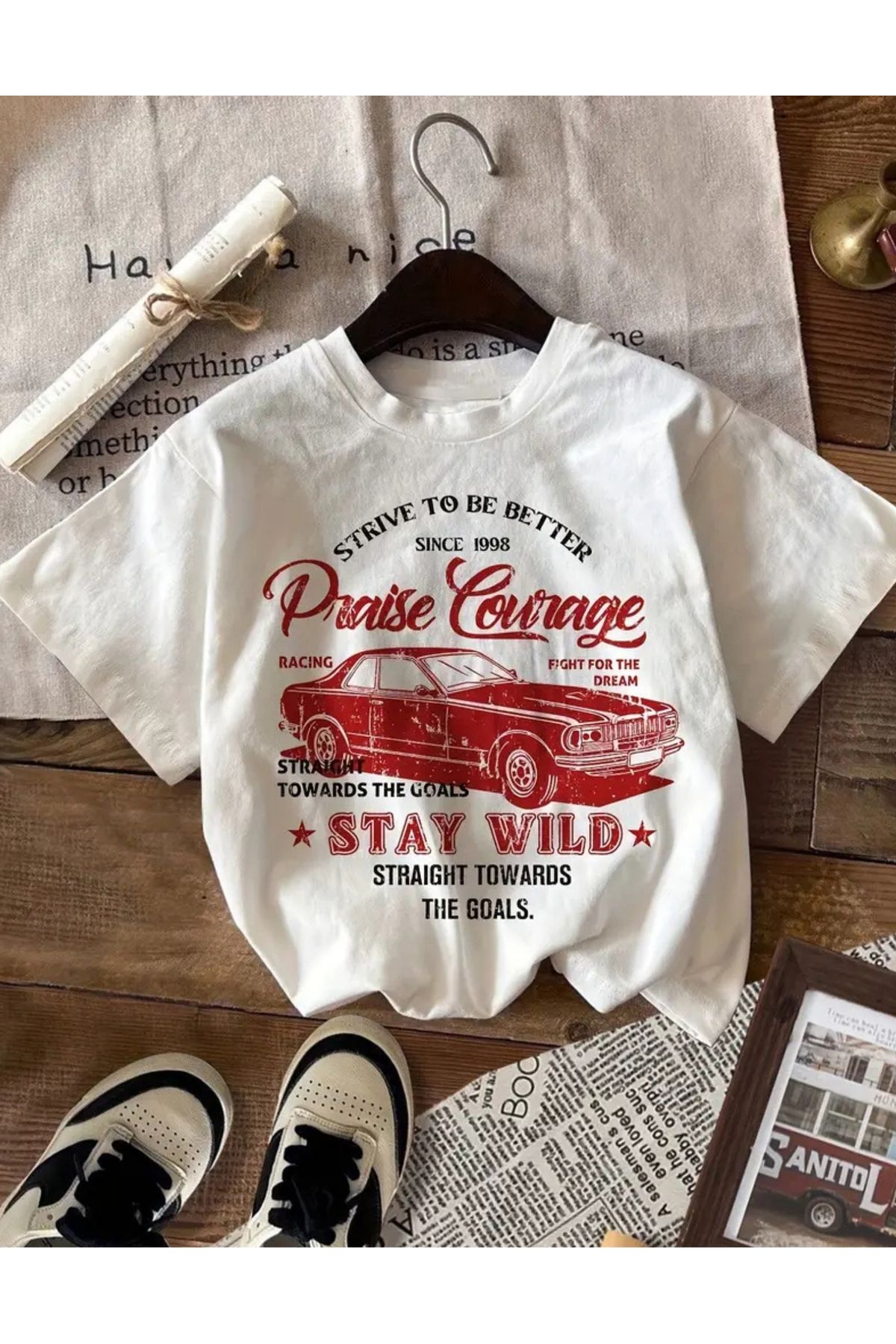 SAJA Unısex Kadın/Erkek Baskılı Oversize Düşük Kol Bisiklet Yaka T-Shirt