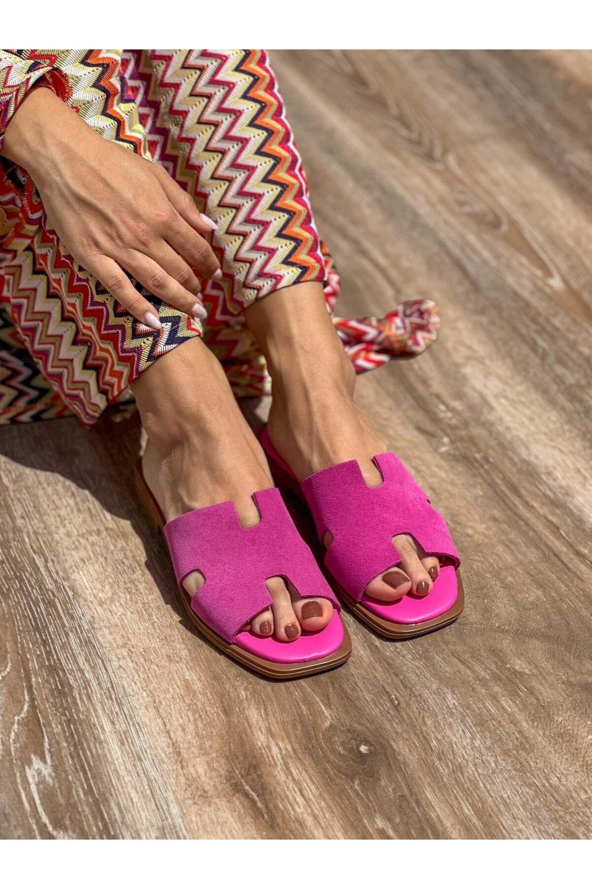 SİBA SHOES Delia Hakiki Deri Süet Fuşya Terlik