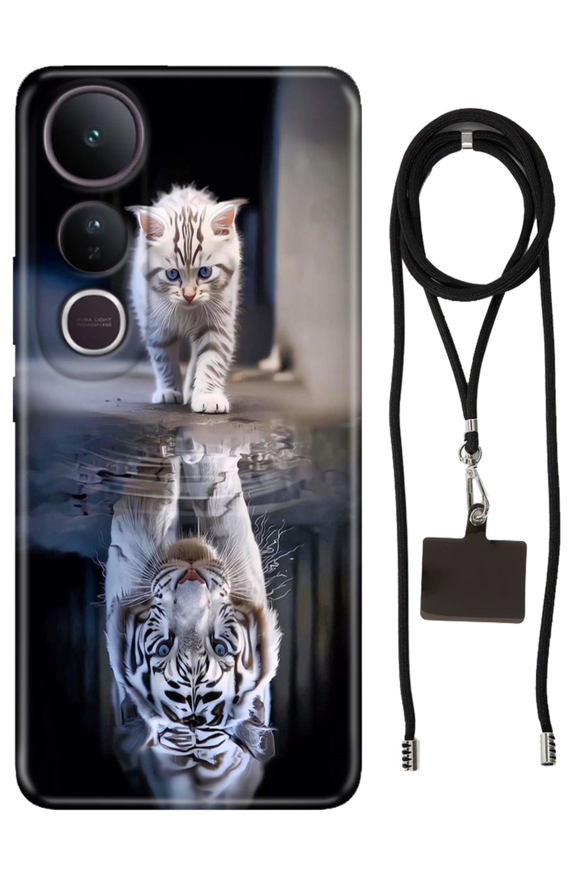 Cekuonline Vivo V50 Lite 5G Kılıf Silikon Big Cat İpli Boyun Askısı uyumlu