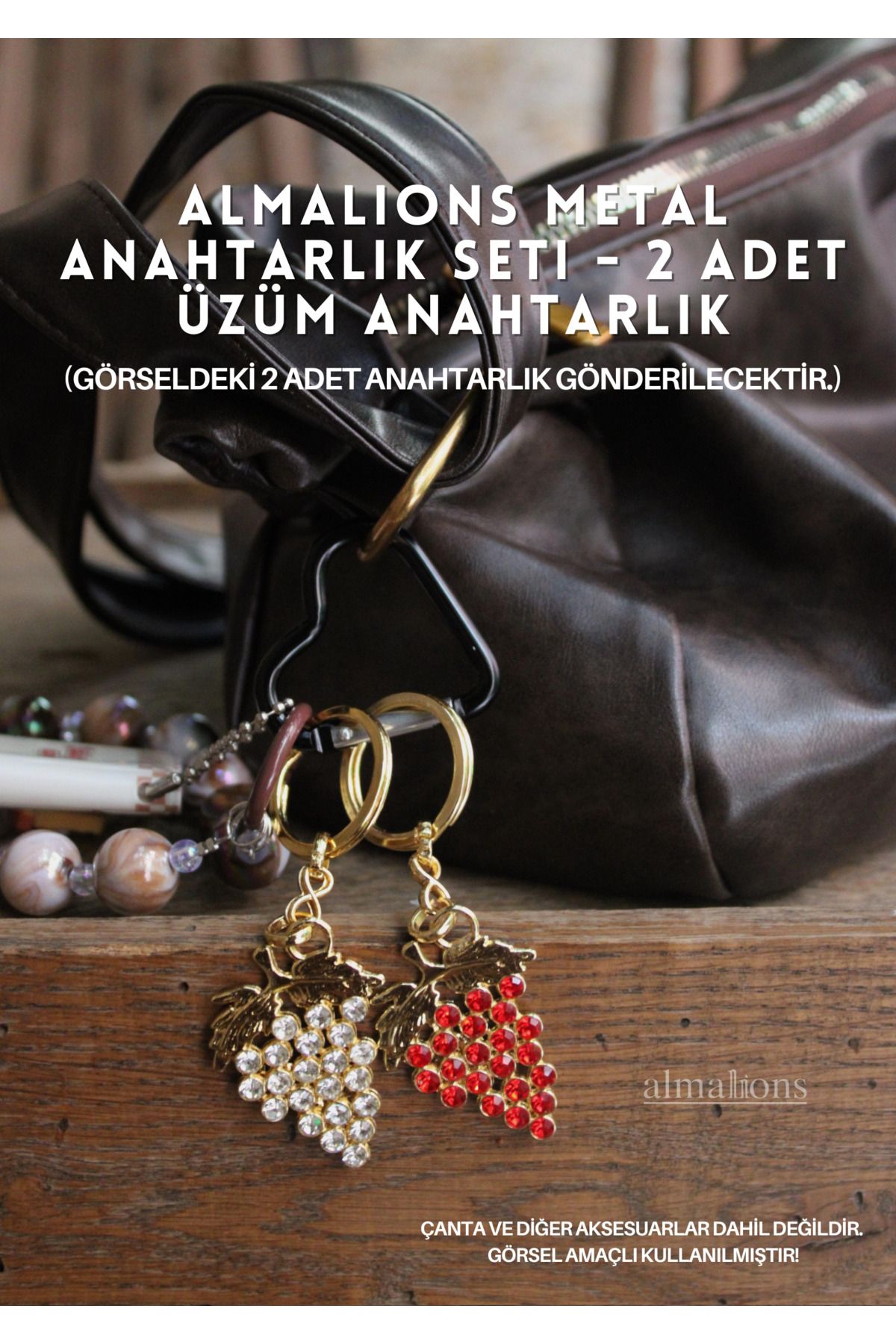 almalions Metal Üzüm Anahtarlıklar Altın ve Gümüş Çanta Süsü Anahtarlık 2 Adet