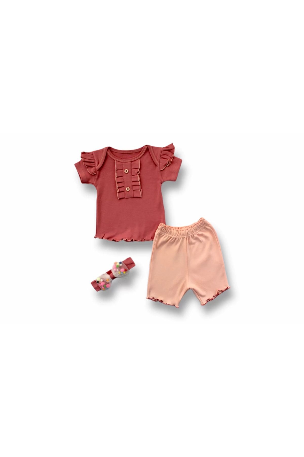 onlinebutik Düğme Detaylı Bandanalı Kısa Kollu Sweat 3lü Kız Bebek Takımı Gül Kurusu