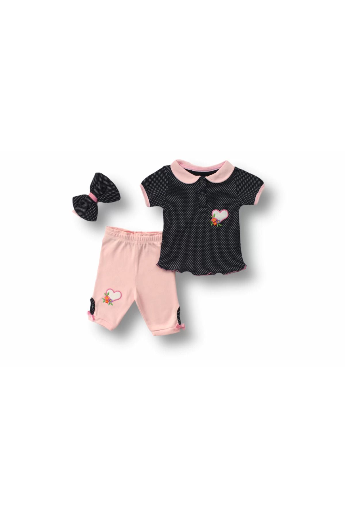 onlinebutik Uzayın Kalbi Nakışlı Bandanalı Kısa Kollu Sweat 3lü Kız bebek takımı Siyah