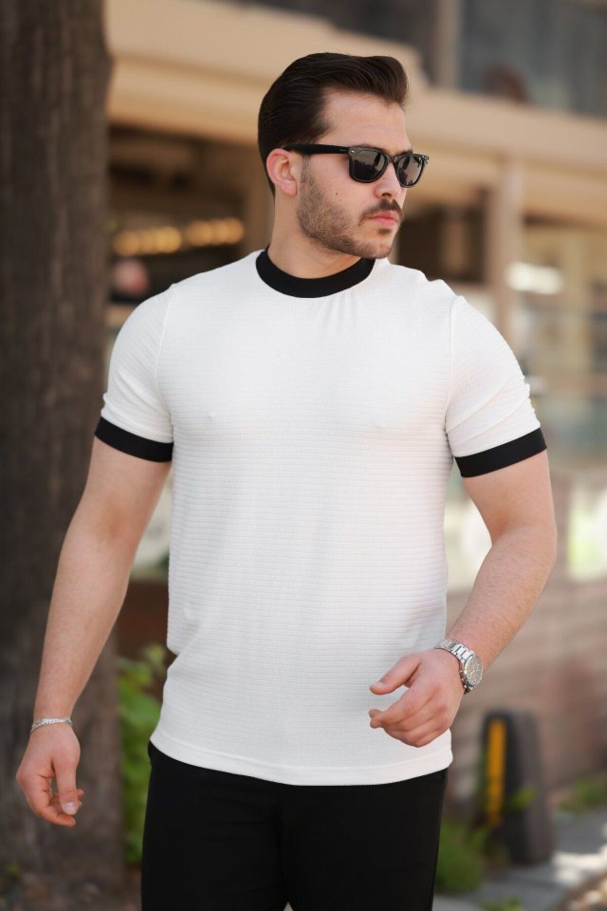 fh fashionhere Erkek Bisiklet Yaka örme Pamuklu Kumaş Kısa Kollu T-shirt