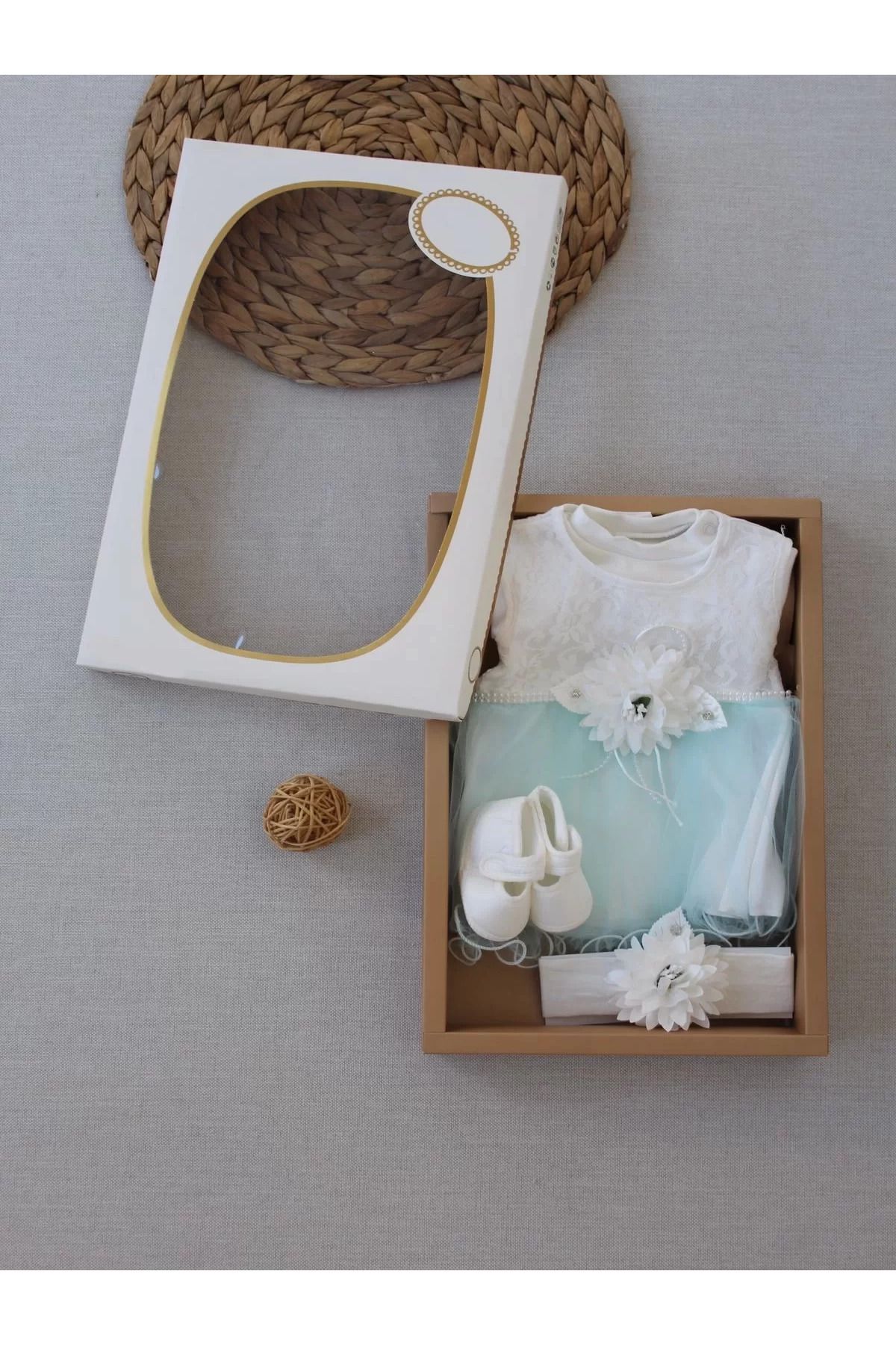 onlinebutik Tül Etekli Kurdelalı Taş Detaylı Kız Bebek Hediyelik, Mevlütlük, Kınalık 3lü Takım Turkuaz