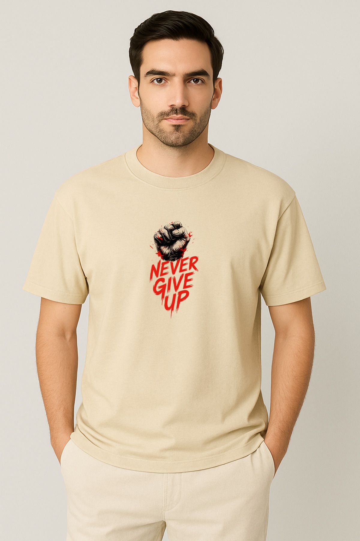 PARSHEY Erkek - Kadın Never Give Up Baskılı Unisex Yarım Kollu Bisiklet Yaka %100 Pamuk Oversize T-shirt