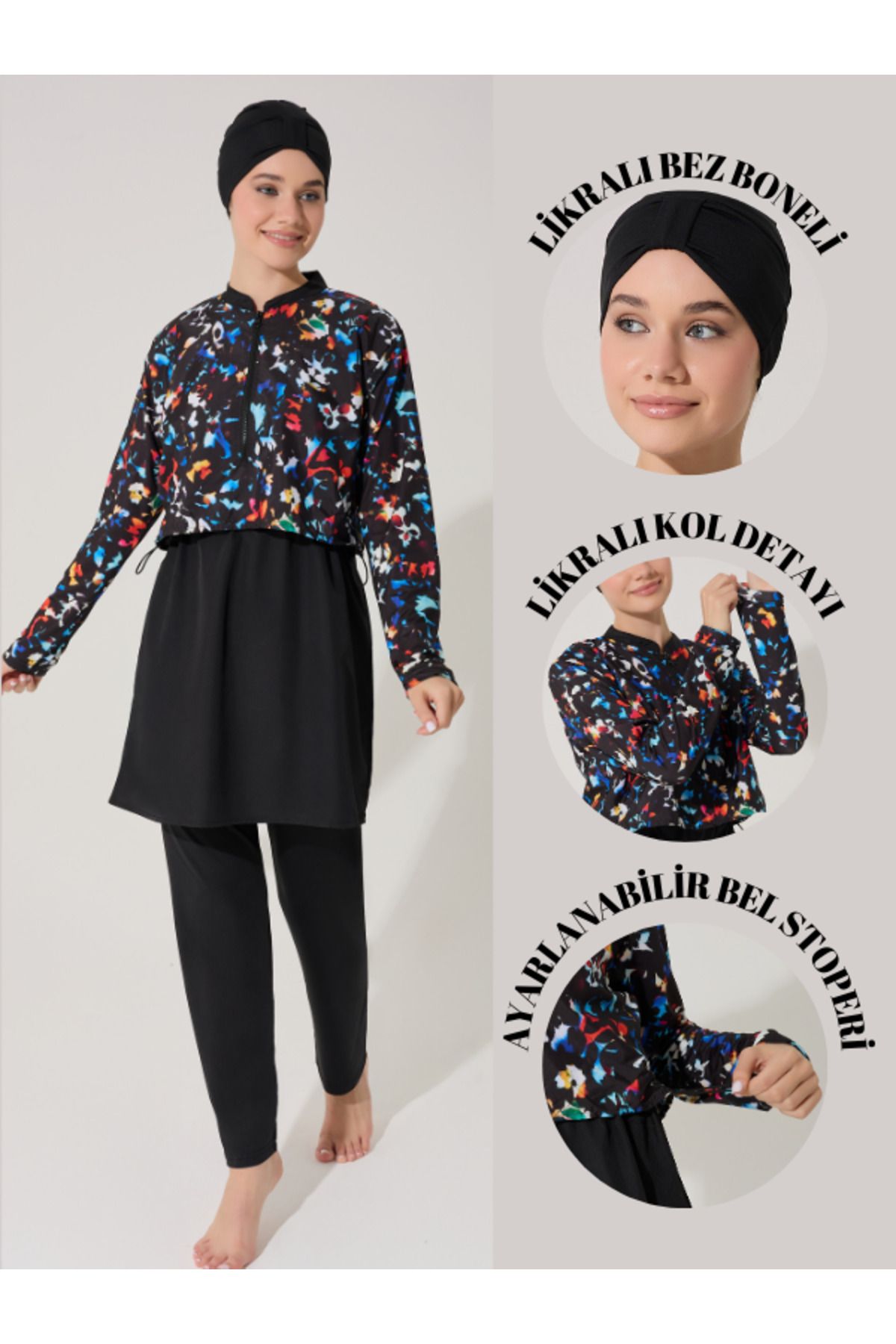 myfirstsea Kadın Jileli Crop Model 3 Parça (Bone, Tunik, Bone) Tesettür Mayo
