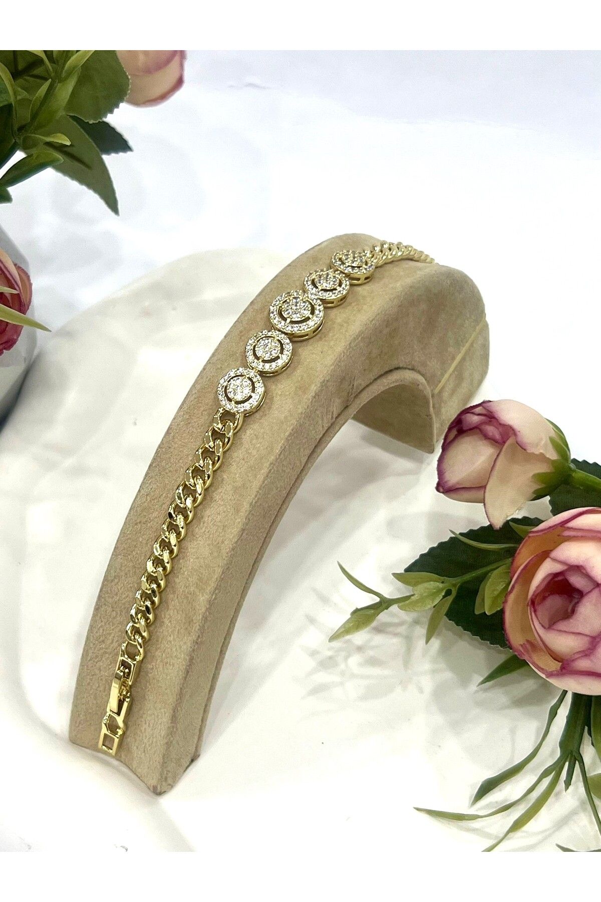 XUPING JEWELRY 5 Taş Oval Zirkon Taşlı Vip Çelik Bileklik (Gold14k/17/19cm)