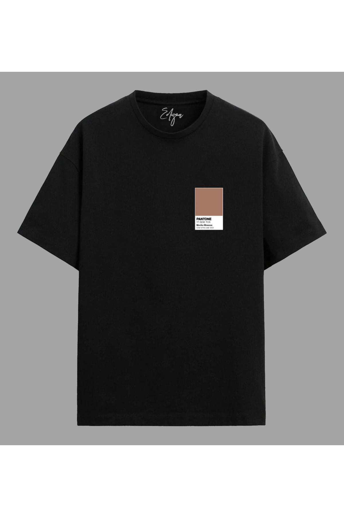 Edizen Pantone 2025 Mocha Mousse Yılın Rengi T-shirt Unisex Oversize %100 Pamuk Siyah