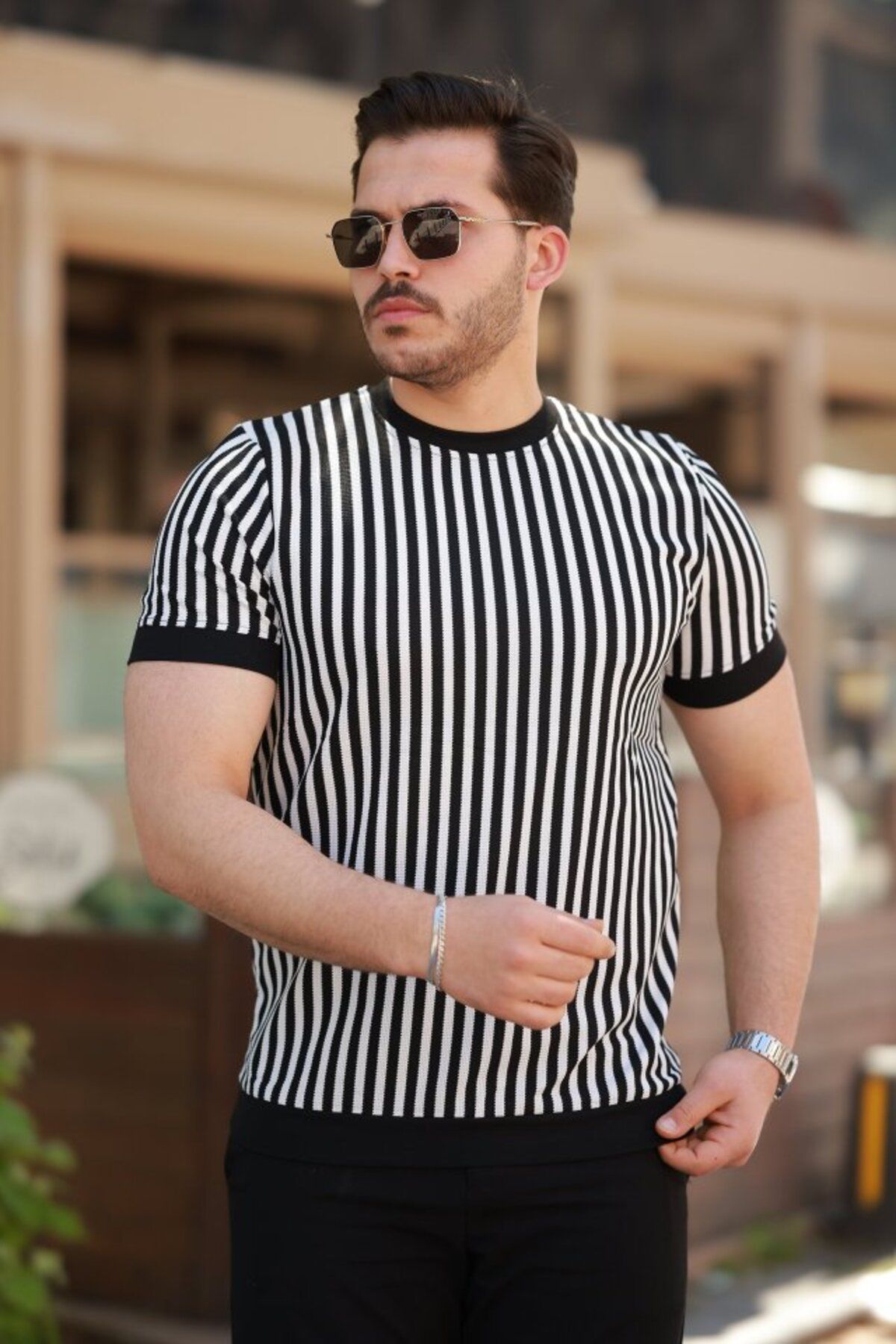 meisa Erkek Siyah Beyaz örme Pamuklu Kumaş Kısa Kollu T-shirt
