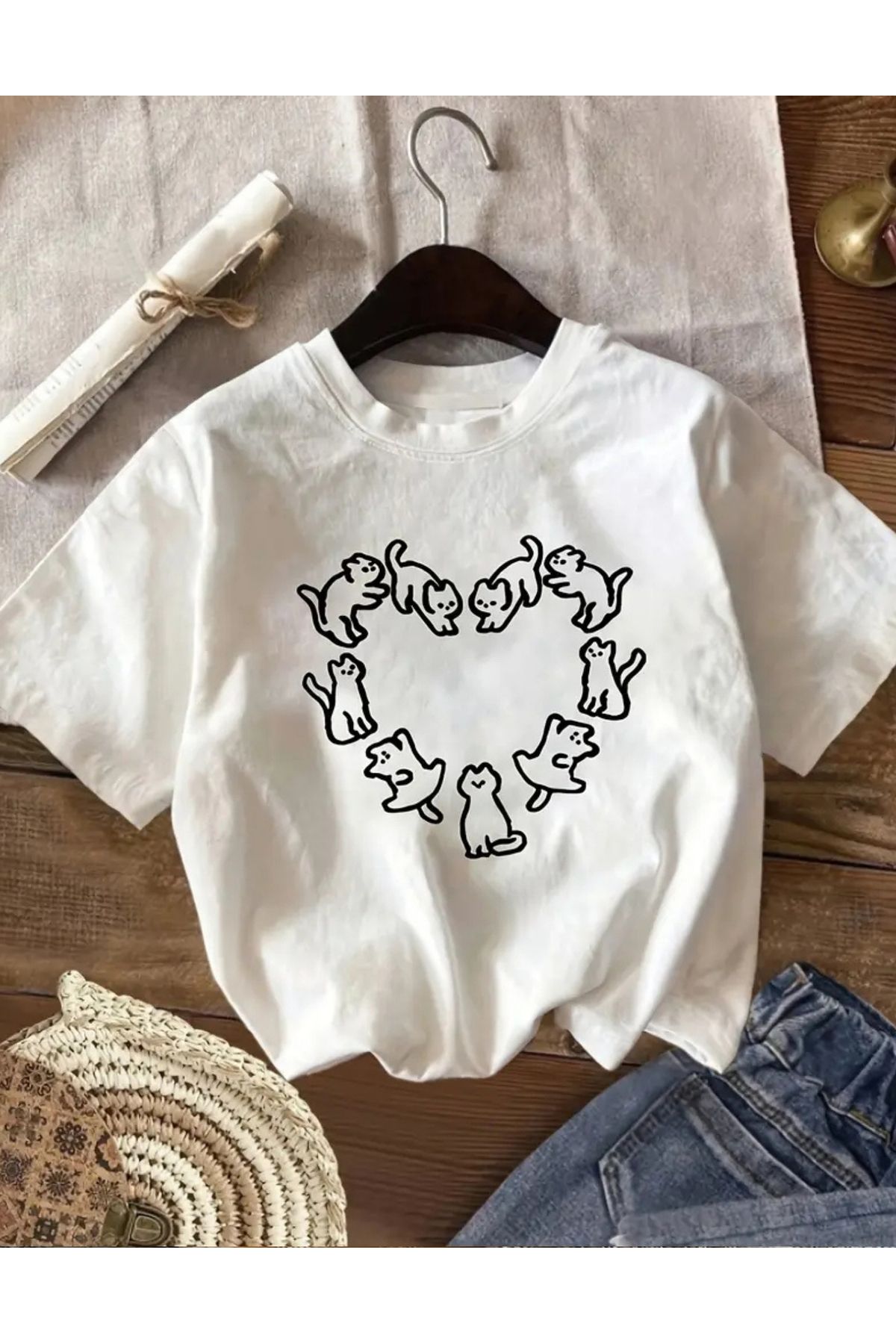 SAJA Unısex Kadın/Erkek Baskılı Oversize Düşük Kol Bisiklet Yaka T-Shirt