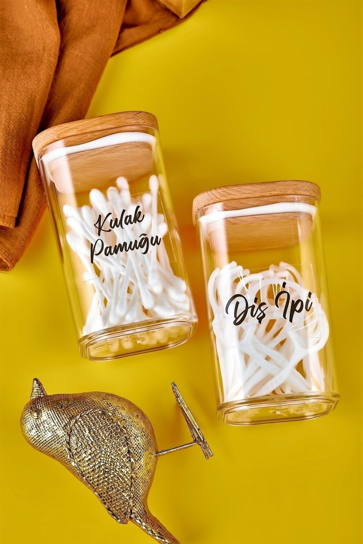 Carat Home 2'li Ahşap Kapaklı Mika Kulak Pamuğu & Diş Ipi Organizeri Akrilik Pamukluk