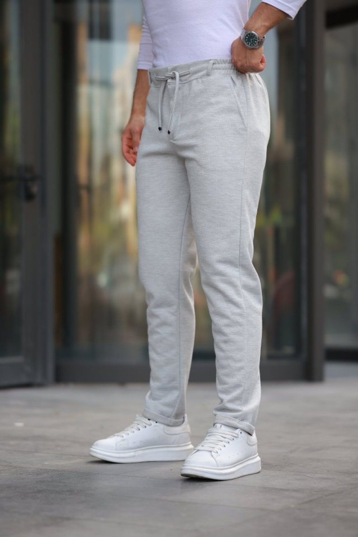 meisa Erkek Beli Bağcıklı Duble Paça örme Pamuklu Kumaş Jogger Pantolon