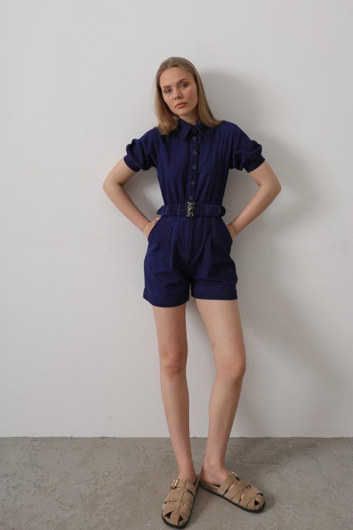 ASFSTORE Gömlek Yaka Gabardin Tulum - İndigo