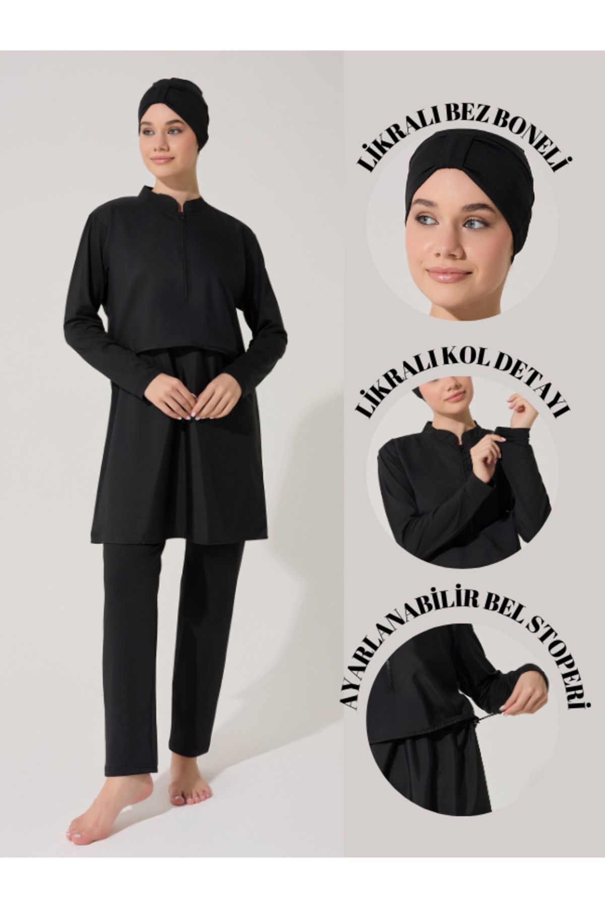 myfirstsea Kadın Jileli Crop Model 3 Parça (Bone, Tunik, Bone) Tesettür Mayo