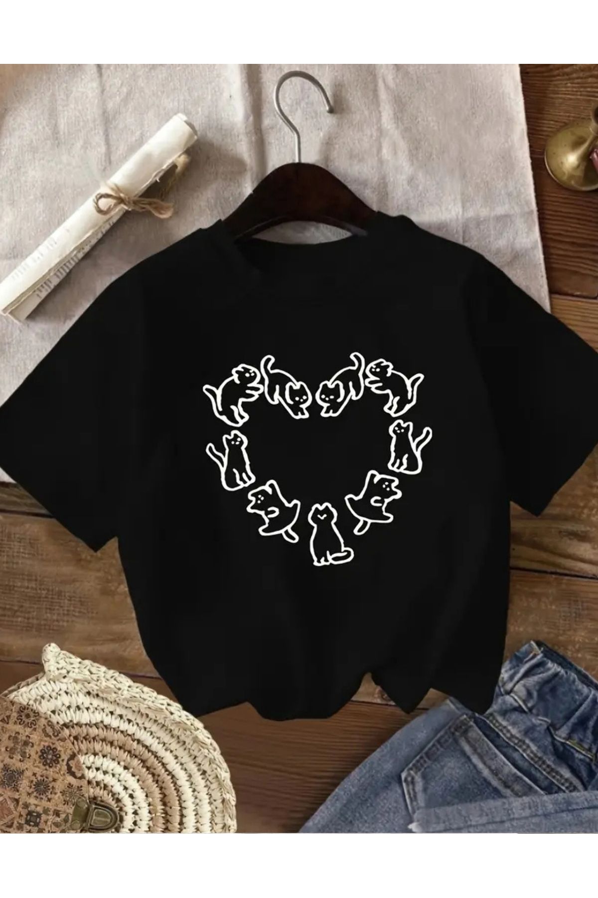SAJA Unısex Kadın/Erkek Baskılı Oversize Düşük Kol Bisiklet Yaka T-Shirt