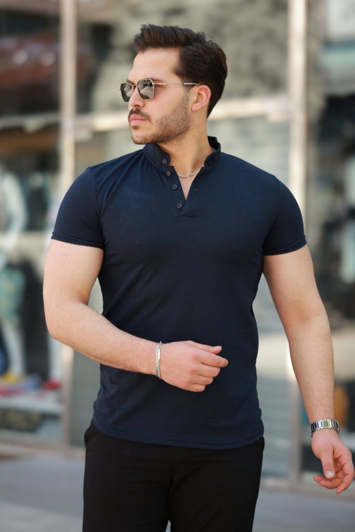 fh fashionhere Erkek Hakim Yaka Dokuma Pamuklu Kumaş Kısa Kollu T-shirt