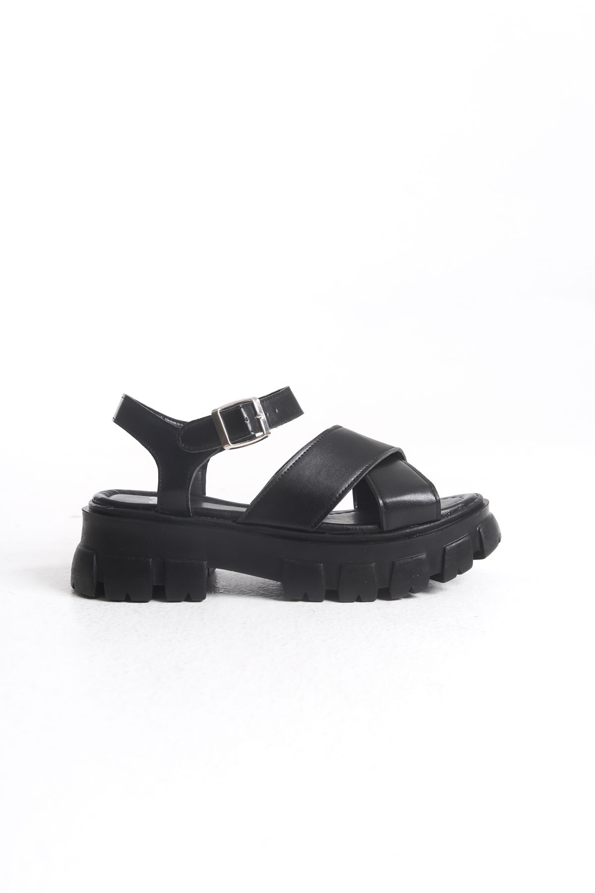 Pofi Shoes Çapraz Bantlı Bilekten Bağlamalı Yüksek Taban Günlük Sandalet