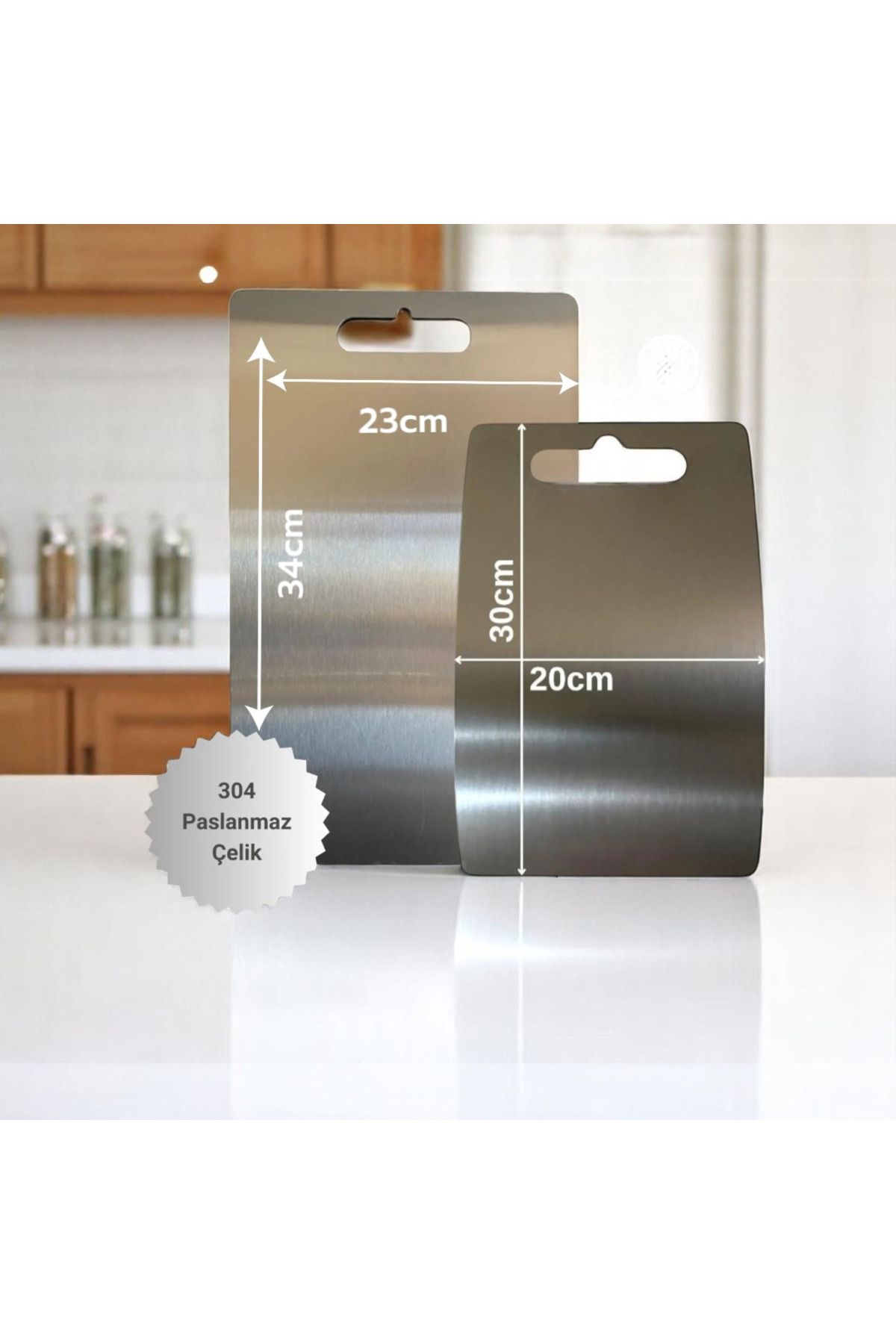 Create Handle 2'li 304 Paslanmaz Çelik Kesme Tahtası Seti – Hijyenik, Dayanıklı Tasarım (20X30 cm & 23X34 Cm)