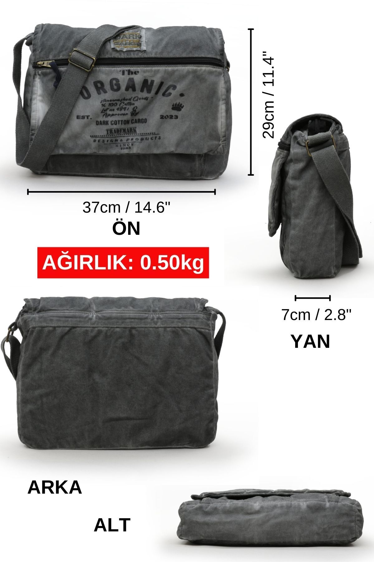 DARK COTTON 8128 Salaş Kanvas Omuz Postacı Gri 15.6" Laptop Okul Seyahat Günlük Vintage Pamuk Çanta görsel 2
