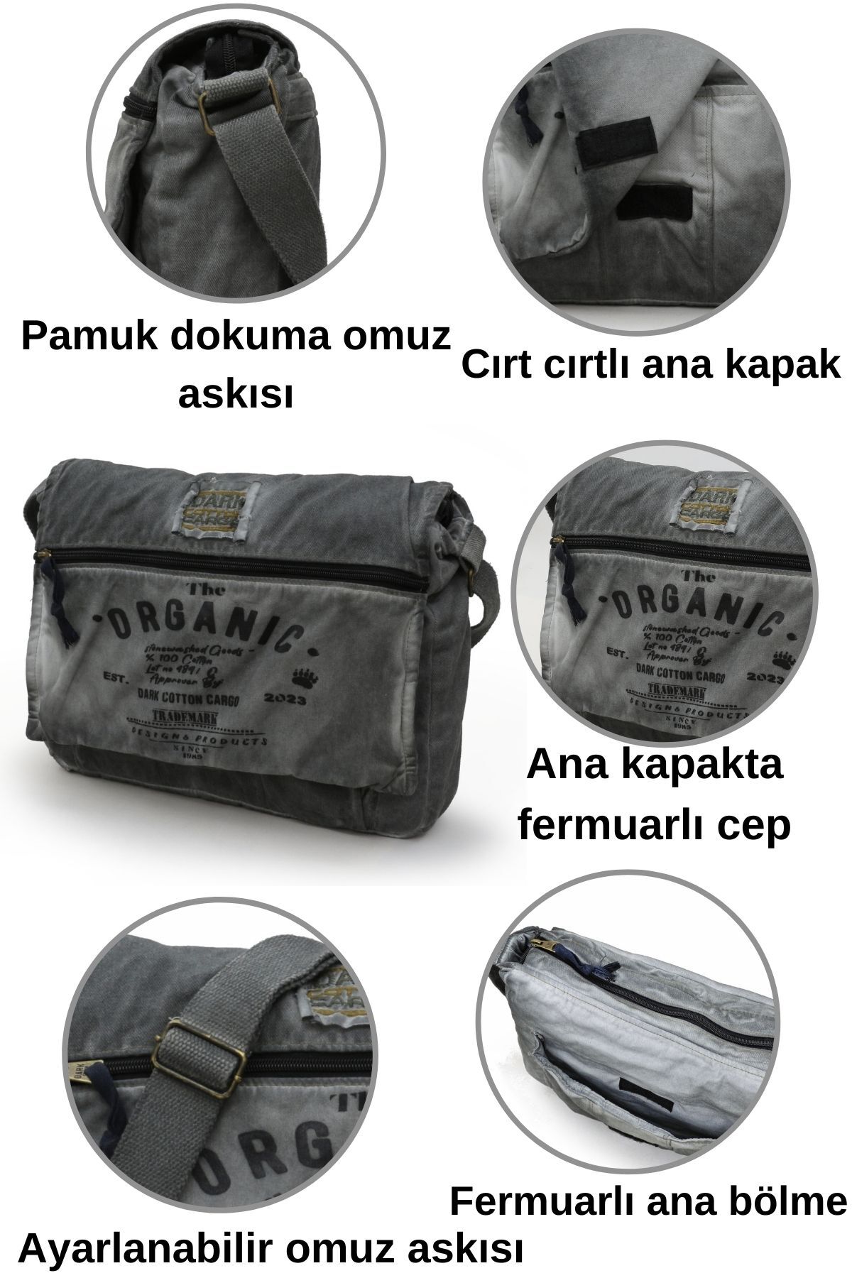 DARK COTTON 8128 Salaş Kanvas Omuz Postacı Gri 15.6" Laptop Okul Seyahat Günlük Vintage Pamuk Çanta görsel 4