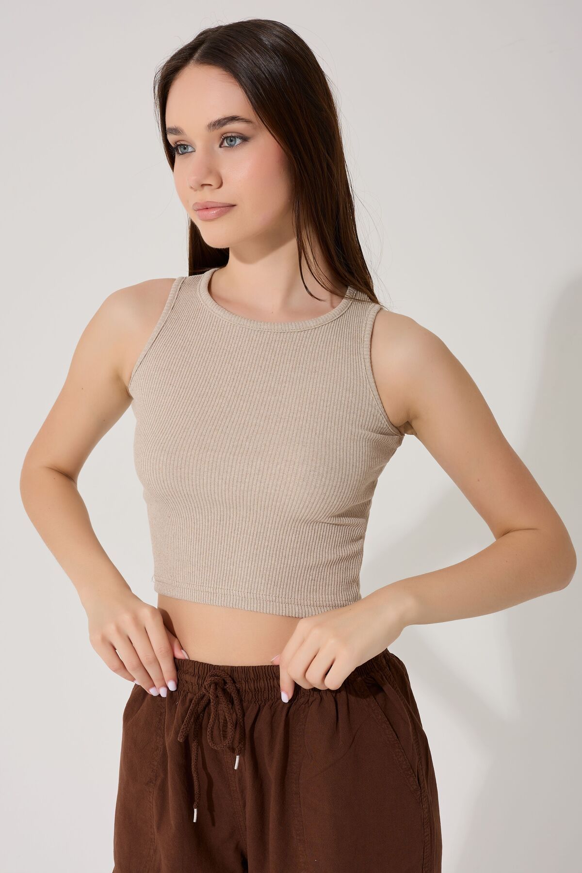 myfirstsea Kadın Düz Renk Bisiklet Yaka Crop Bluz