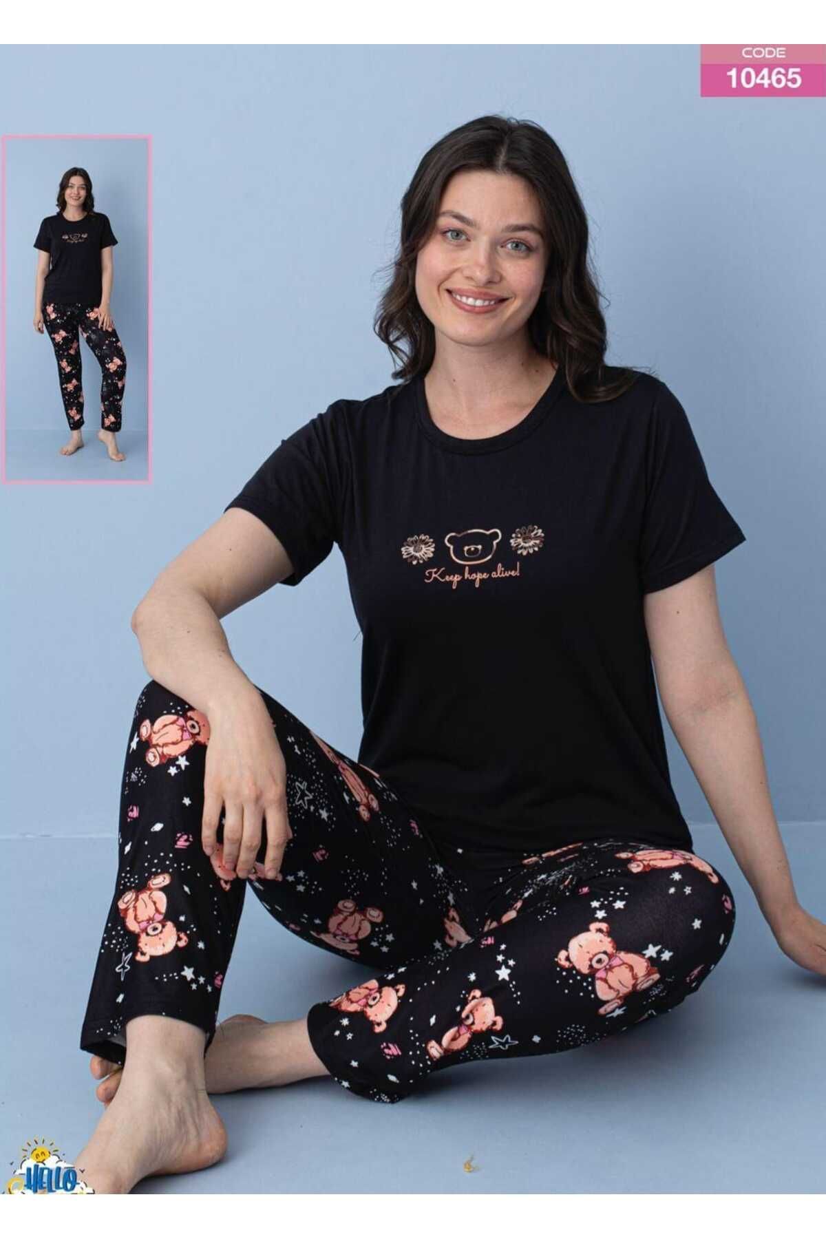 Azra Kadın Siyah Ayıcıklı Pijama Takımı