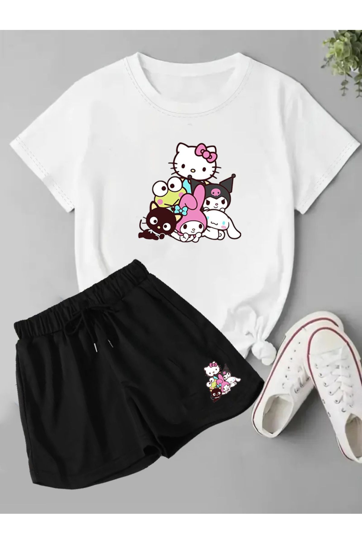 makiteks 2'li Set Düz Renk Kadın Regular Şort ve Tshirt Tişört Best Friends Hellokit