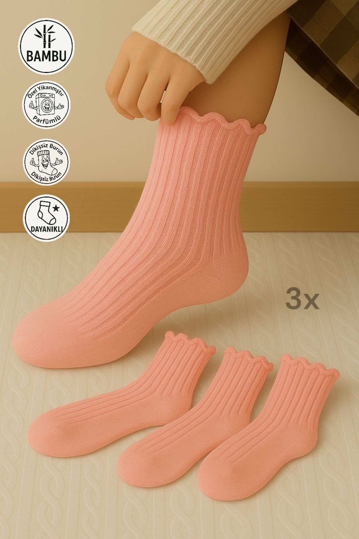 Bambu Kadın Fırfırlı Soket Bambu Dikişsiz Çorap Fitilli premium 3’lü Çorap