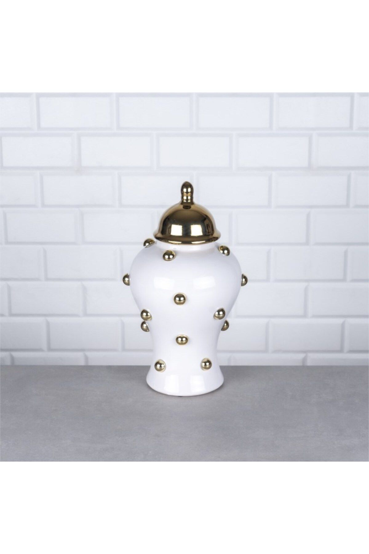 Hinora Gold Beyaz Boncuklu Küçük Boy Porselen Küp Dekoratif Süs 17x17x31cm TEKLİ SATILIR