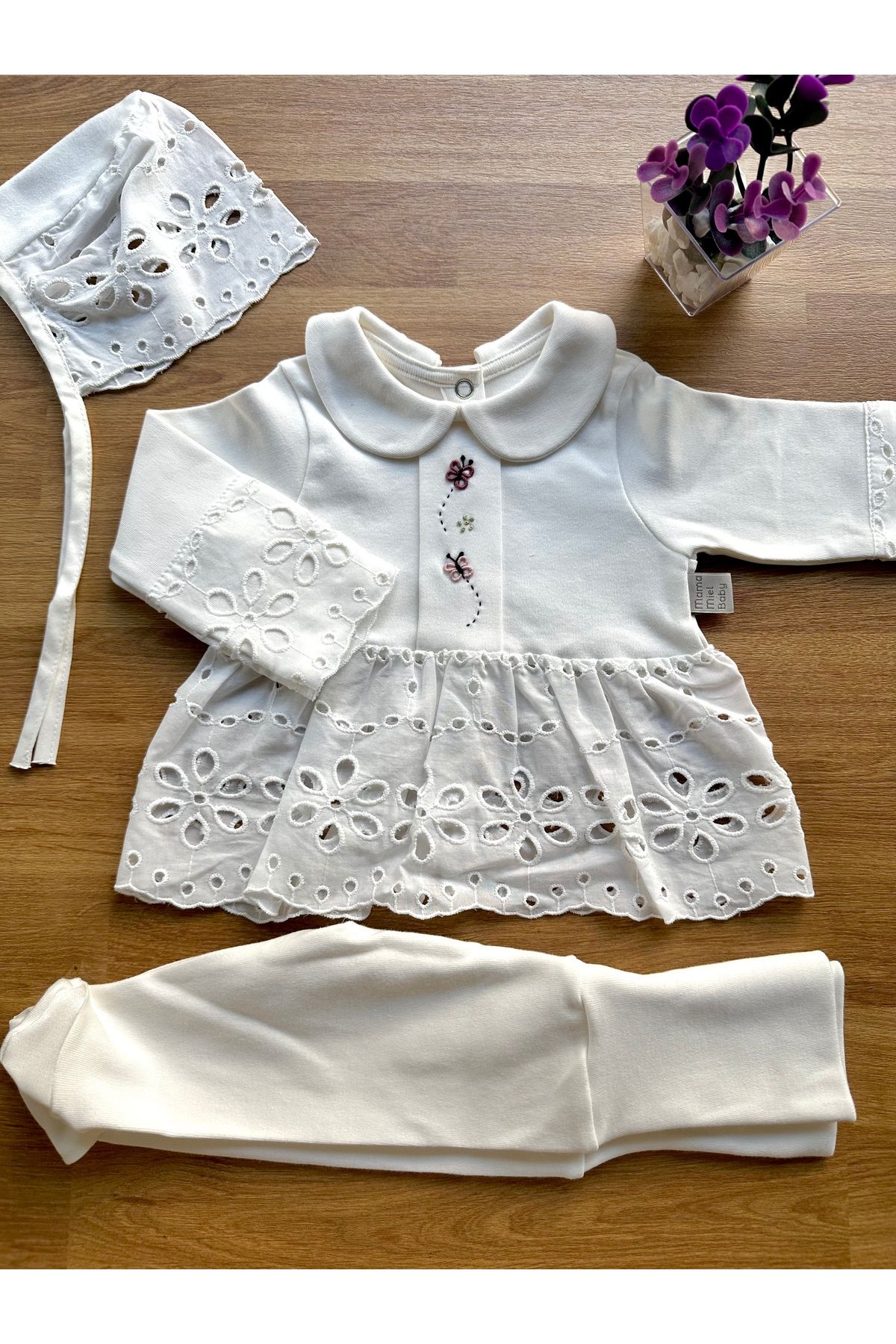 Mama Miel Baby Kelebek El Nakışlı ve Fistolu Alt Üst Takım / Hastane Çıkışı | Handmade Embroidered Baby Girl Set