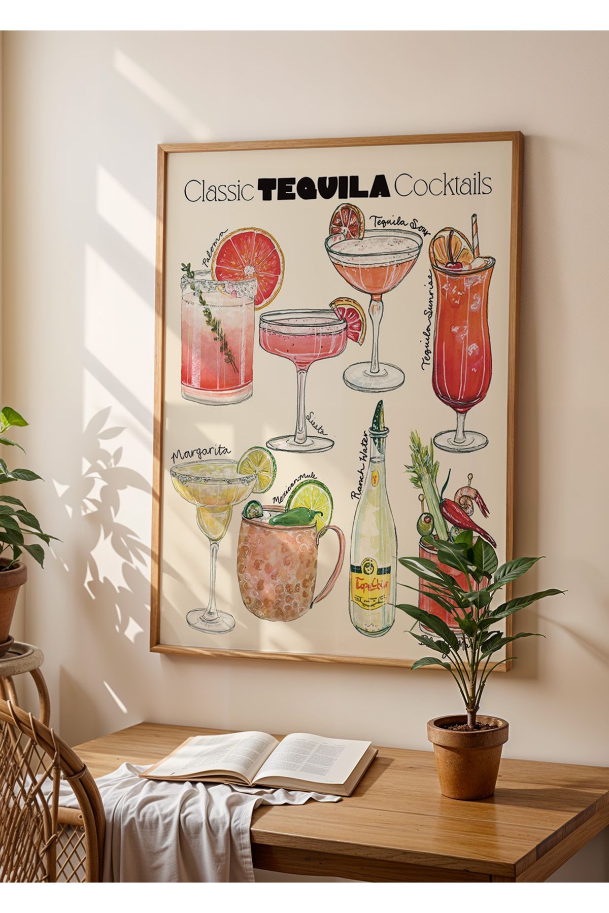 Huca Tequila Kokteyl Rehberi - Minimalist Poster- Boho - Line Art - Vintage - Kafe Mutfak Poster