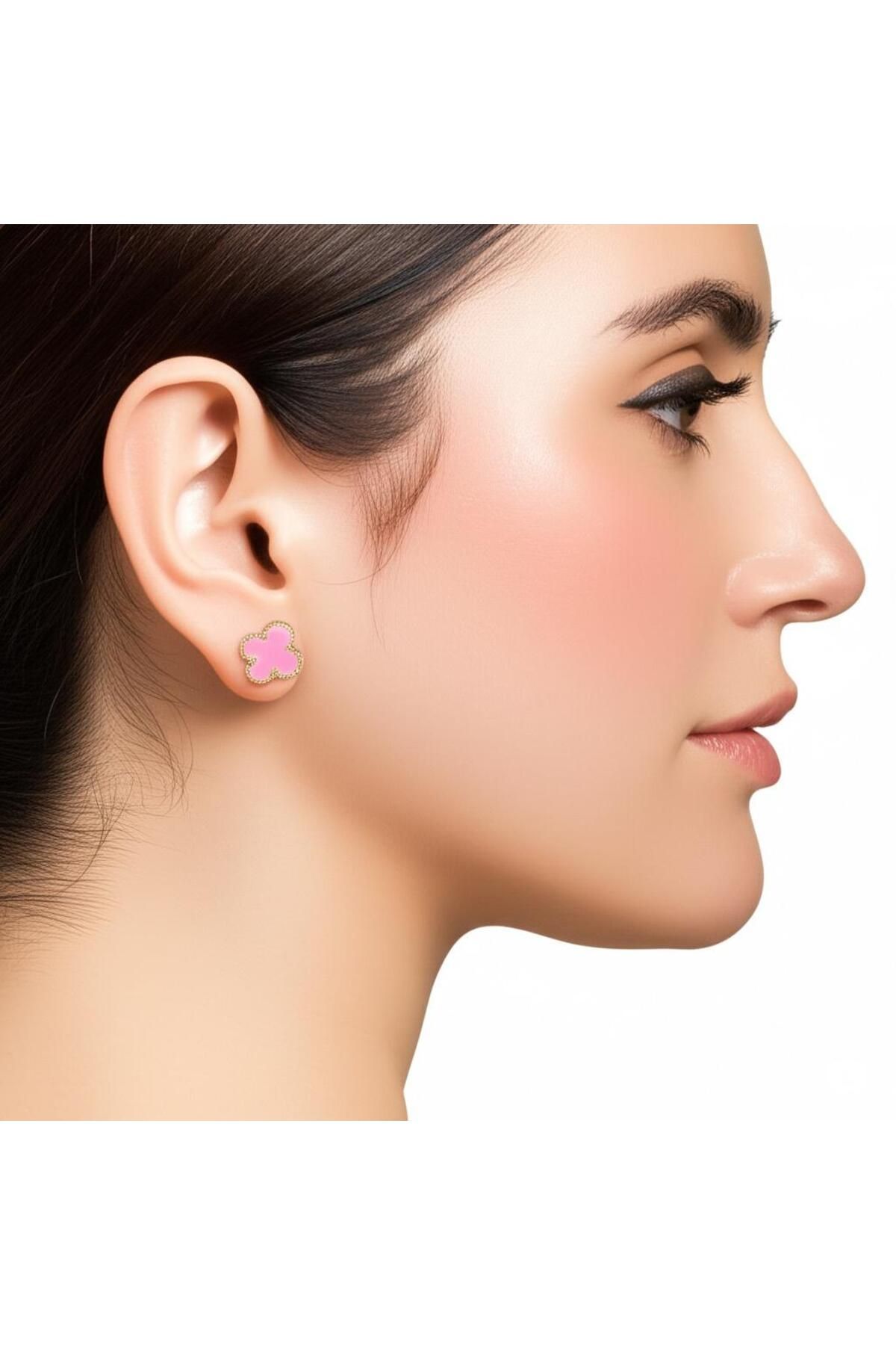 magische Gold Renk Pembe Taşlı Yonca Model Kadın Küpe