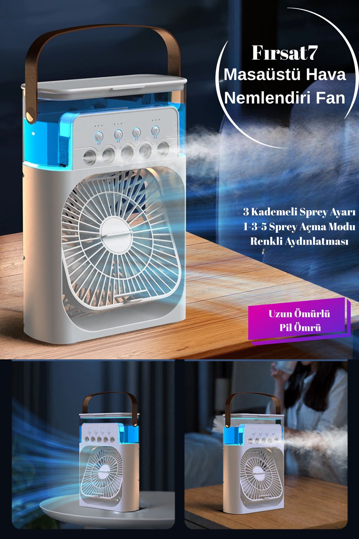 Fırsat7 600 ML MASAÜSTÜ 5 SPREY BUZLU BUHARLI HAVA NEMLENDİRİCİLİ MİNİ TAŞINABİLİR VANTİLATÖR 7 RENKLİ