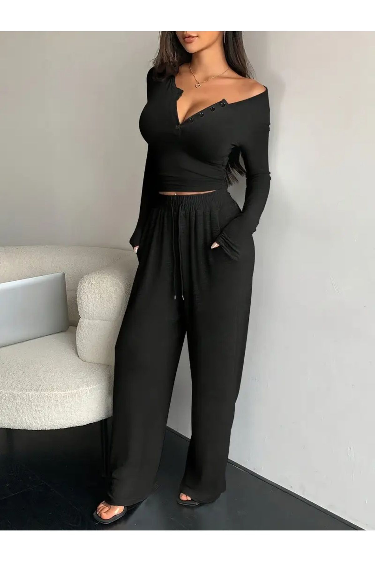 yx yustex sport Kadın Siyah Baggy Bol Kesim Esnek Rahat Kumaş Eşofman Altı ŞAH MODA